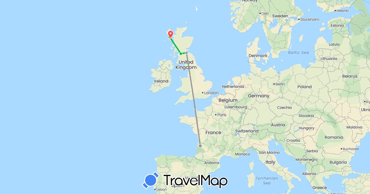 TravelMap itinerary: driving, bus, plane, hiking in France, United Kingdom (Europe)